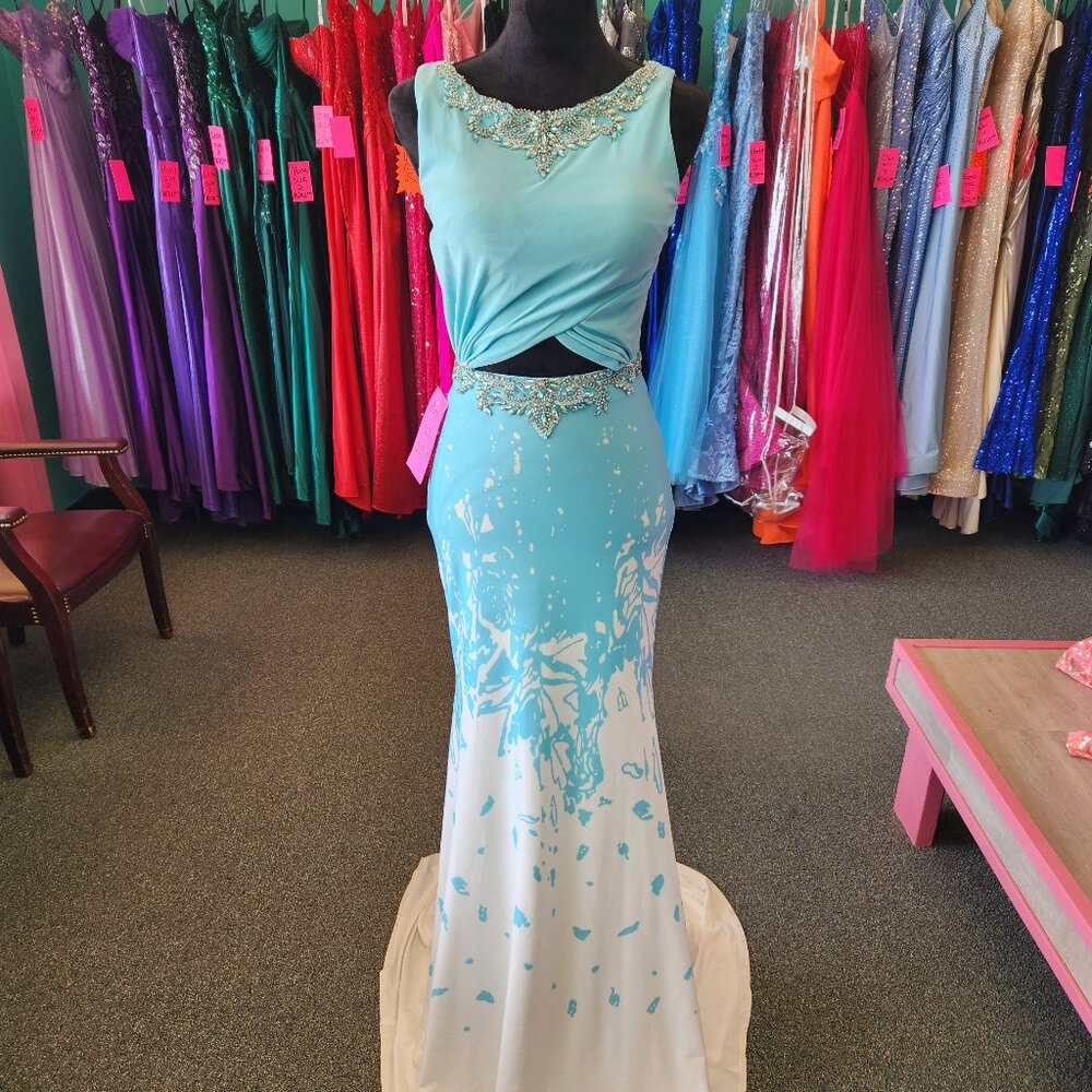 Envious 17119 Size 6 Aqua/Ivory Jersey Knit Print Prom Dress Evening Formal
